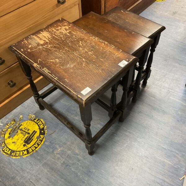 Vintage oak side table with turned legs, farmhouse style.