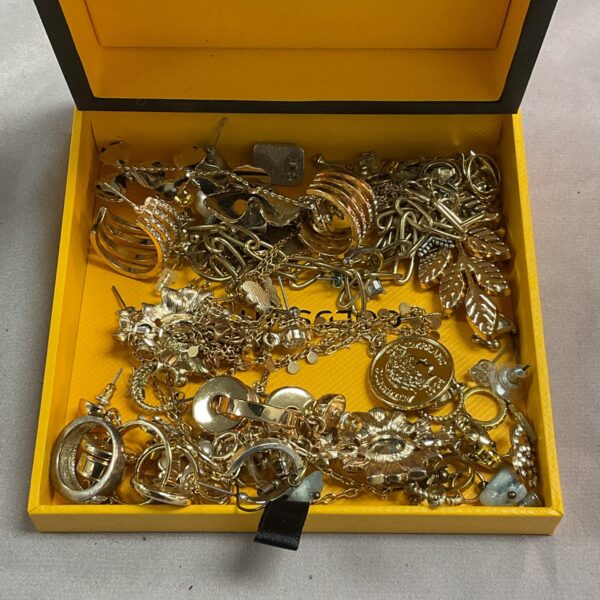 Assorted jewellery lot featuring necklaces, brooches, and chains.