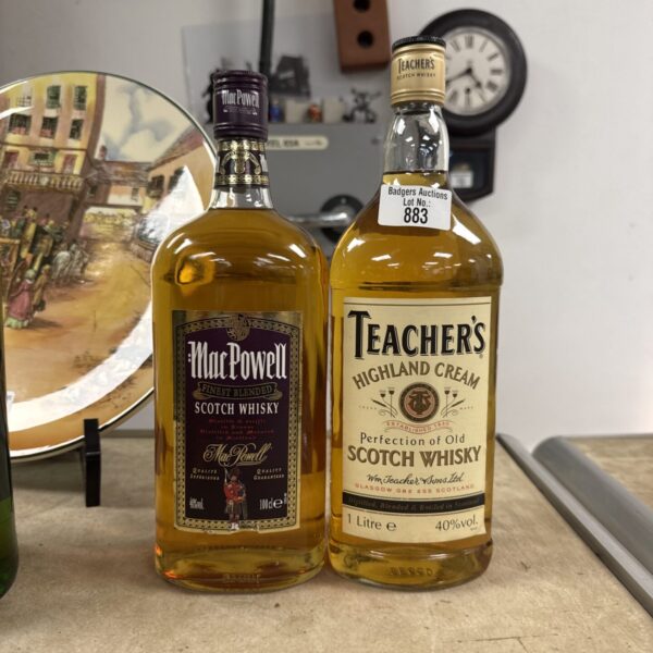 Vintage Teacher's and Macpowell whisky bottles, collectible Scottish spirits.