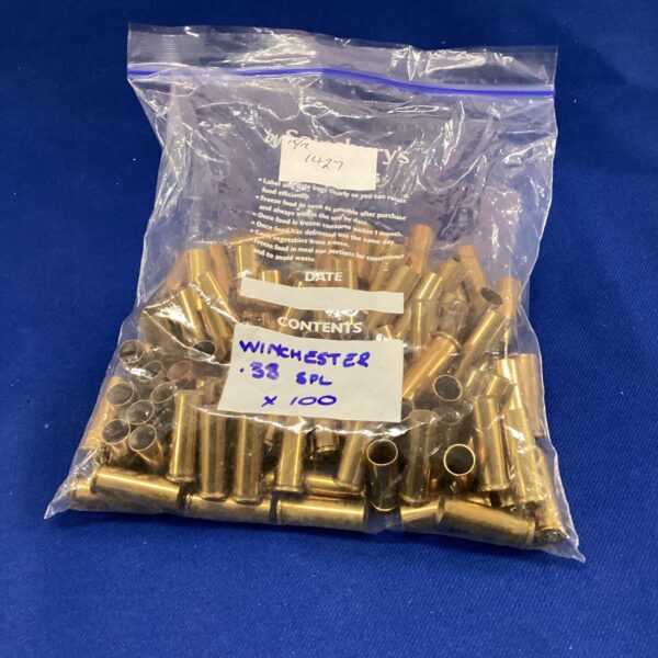 Lot of 100 Winchester .38 SPL cases for reloading or collecting.
