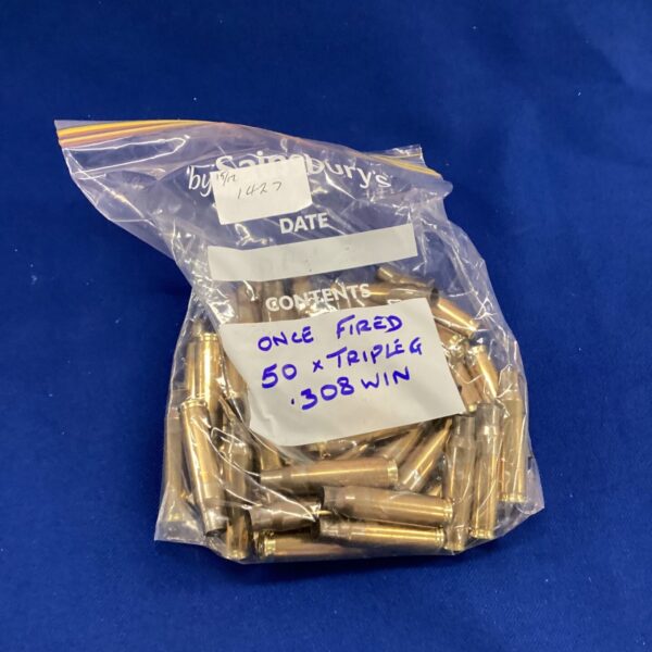 Triple G once fired .308 Winchester empty brass cases for reloading.