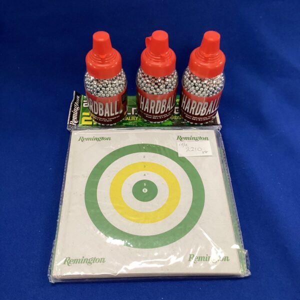 Air gun BBs and targets pack for practice.