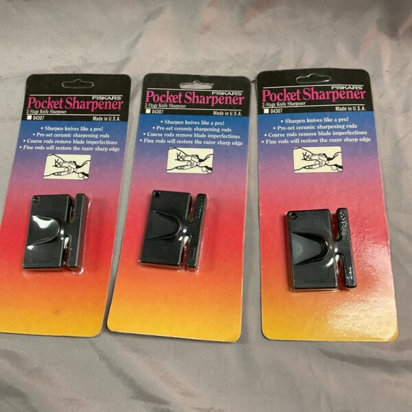 Lot of three Fiskars pocket knife sharpeners for blade maintenance.