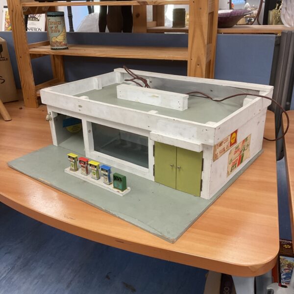 Vintage wooden garage model, handmade diorama, collectible toy.