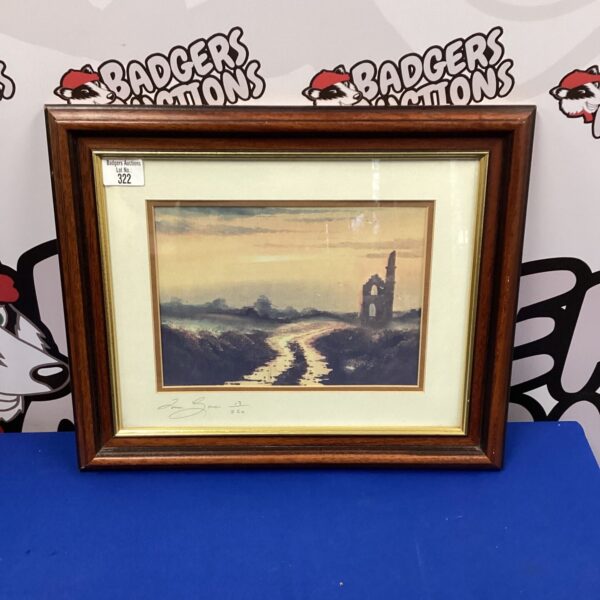 Framed limited edition print of castle ruins landscape artwork.