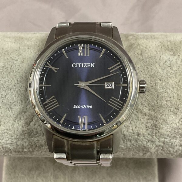 Blue dial Citizen Eco Drive watch with stainless steel bracelet.