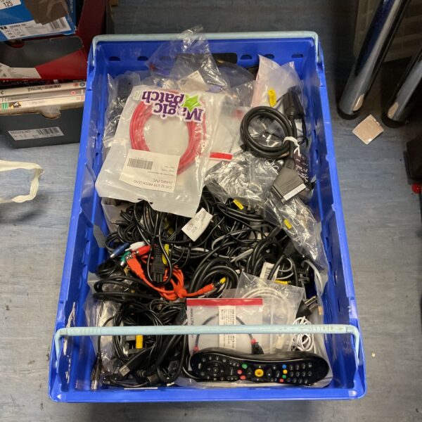 Mixed cable lot with various AV, RCA, and power cables.