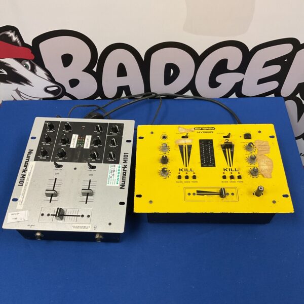 DJ mixer lot featuring Numark M101 and Synergy Hybrid models.