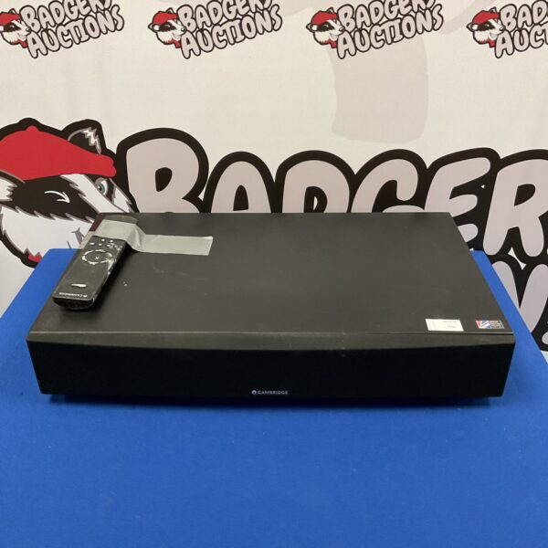 Cambridge Audio soundbar with remote control for enhanced home audio.