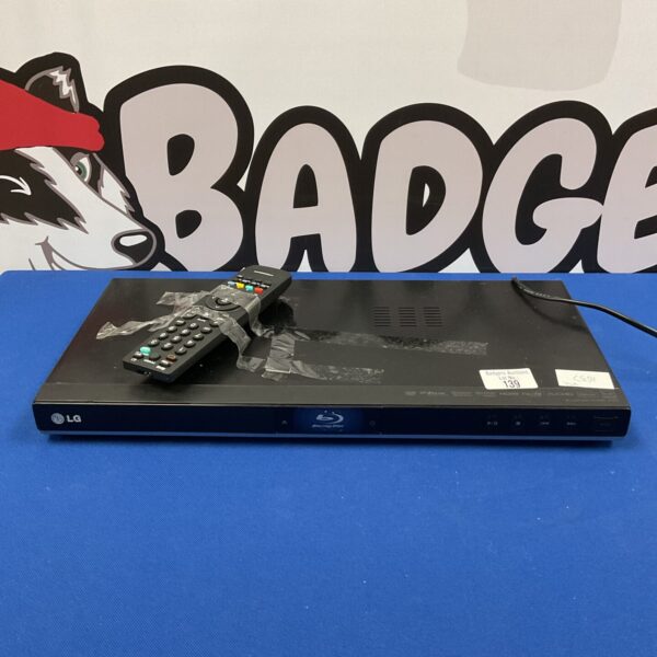 Black LG BD350 Blu-ray player with remote control.