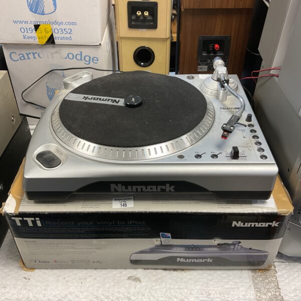 Pair of Numark TTI direct drive turntables for DJing and vinyl playback.