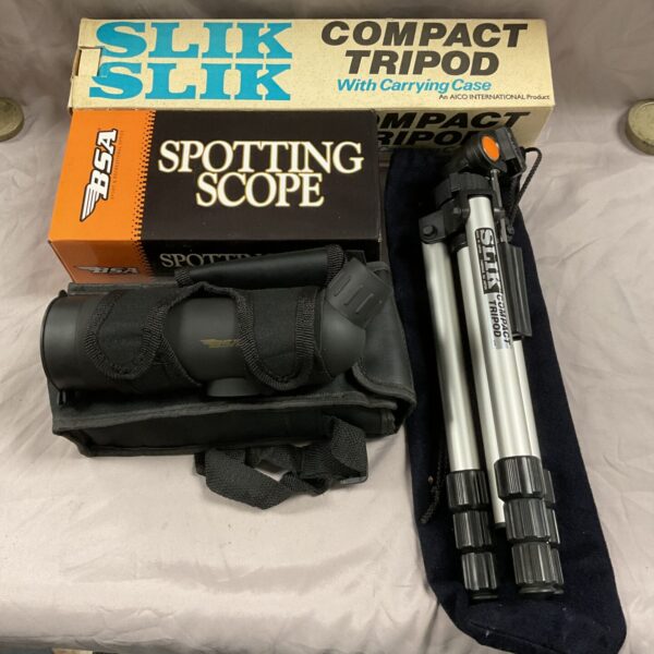 BSA spotting scope with Slik tripod, vintage outdoor equipment.