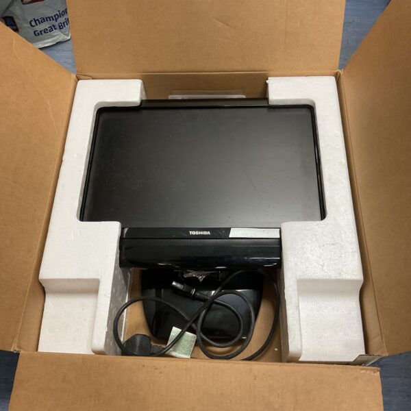 Front view of a Toshiba 19" HD television in a box.