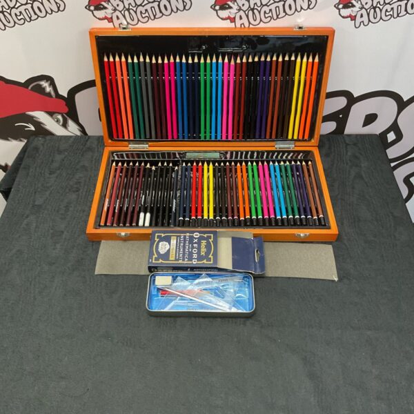 Vintage colouring pencils and Helix Oxford mathematical set in wooden box.