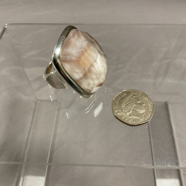 Large rose quartz silver ring, size O, vintage style.