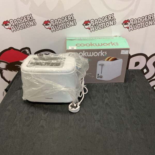White Cookworks 2-slice toaster, a simple kitchen appliance.