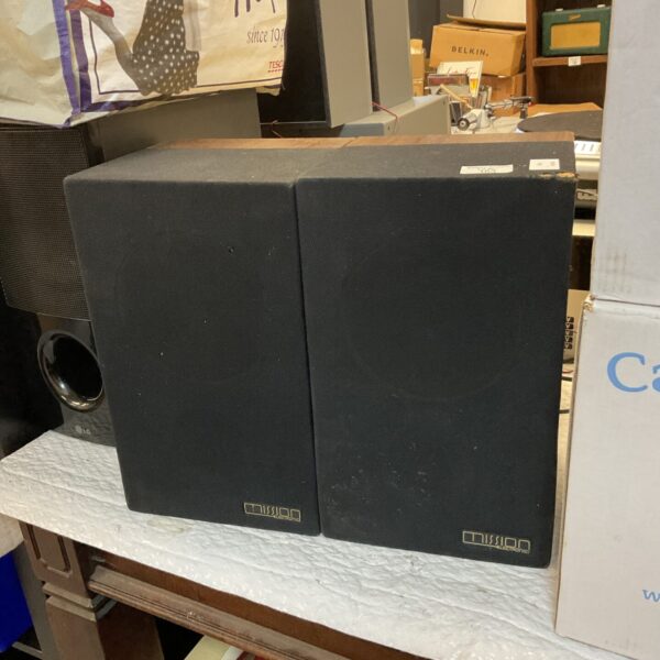 Pair of vintage Mission Model 70 bookshelf speakers in dark veneer.