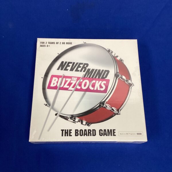 Vintage Nevermind the Buzzcocks game box, colourful music quiz.