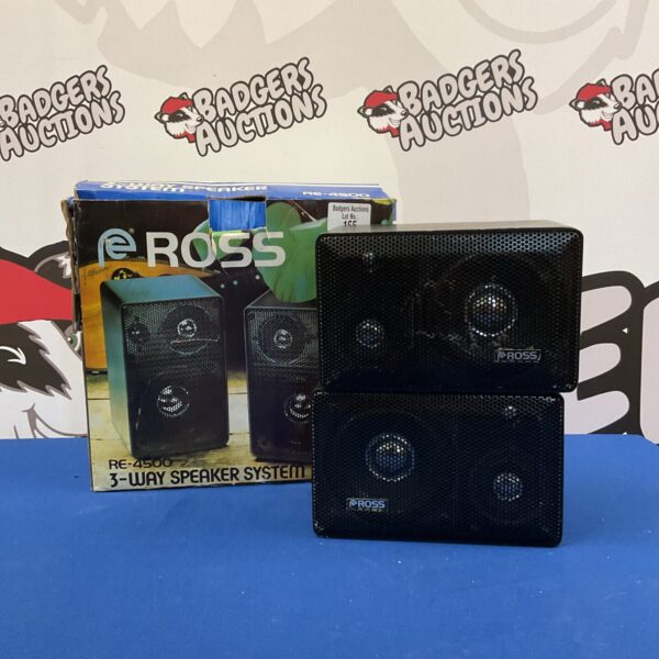 Vintage Ross RE-4500 speakers with woodgrain finish.