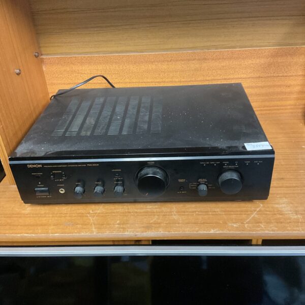 Black Denon PMA-355UK vintage stereo amplifier front view.