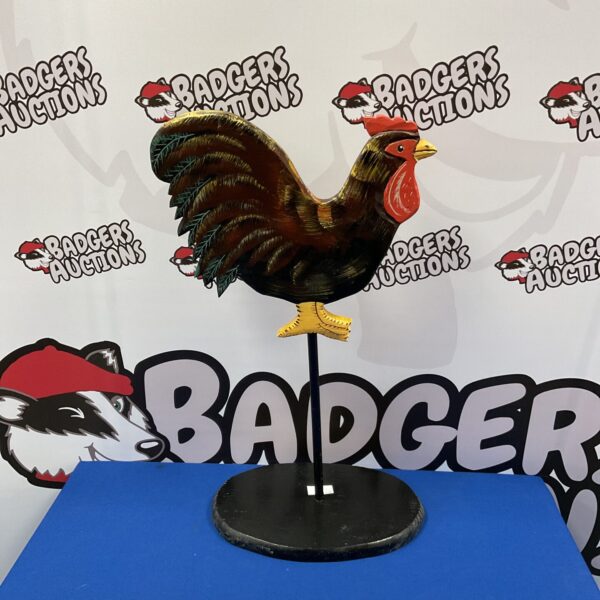 Vibrant hand-painted folk art chicken sculpture for country decor.