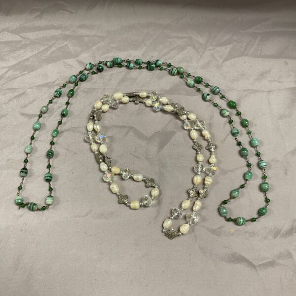 Vintage glass bead rosary and pearl necklace set for collectors.