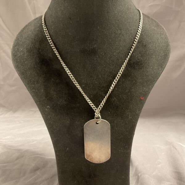 Silver dog tag necklace with flat link chain.