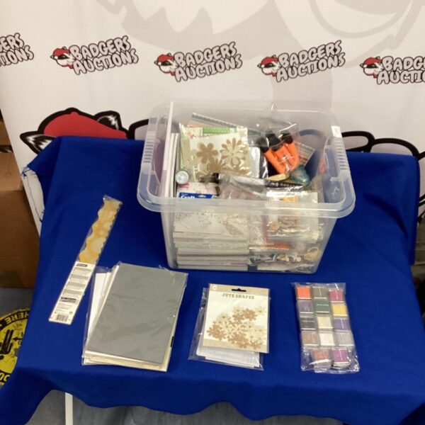 Assorted craft materials in a plastic storage box.