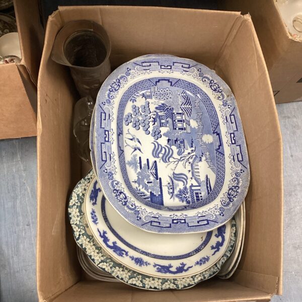 Mixed lot of antique blue and white china with a copper jug.