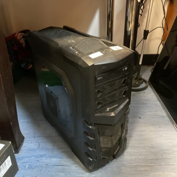 Black Vanquish gaming PC case with angled front panel.
