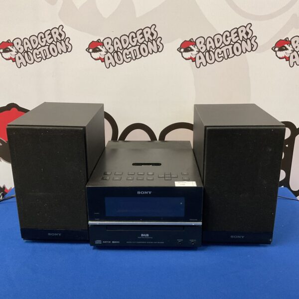 Black Sony CMT-BX70BI HiFi system with speakers.