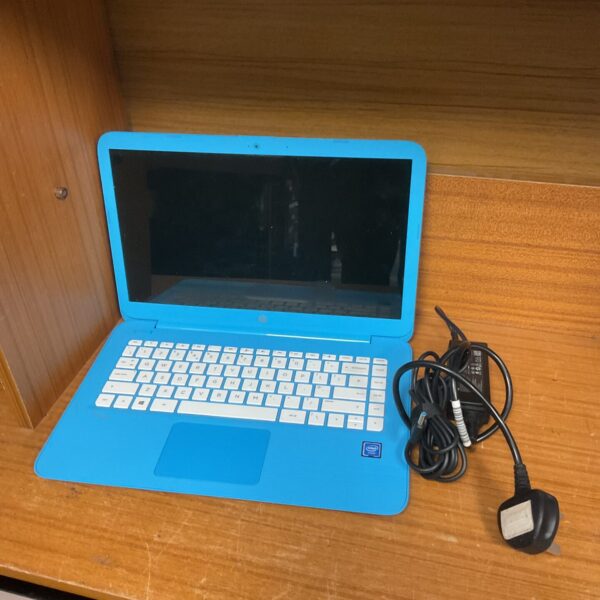 Blue HP Stream laptop with charger, presented as viewed.
