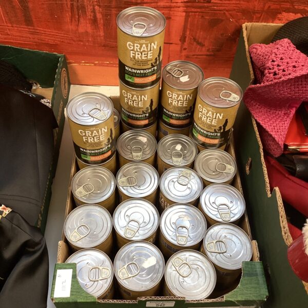 Lot of twenty-four sealed cans of Wainwright’s grain-free adult dog food.