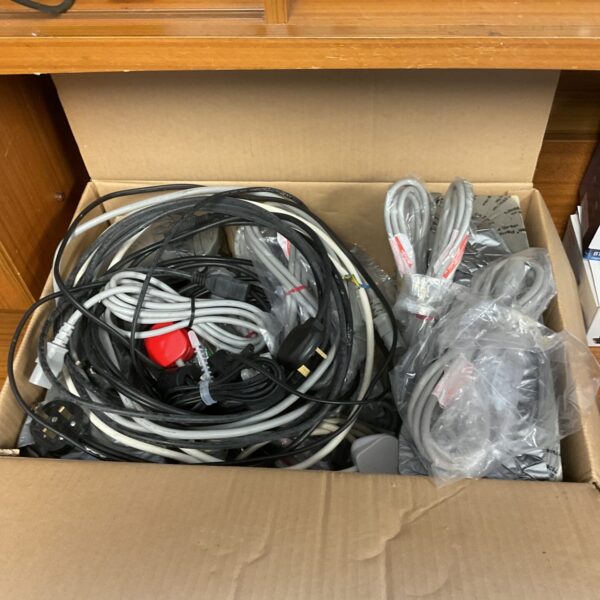 Assorted mixed cable lot with kettle leads and power cords.