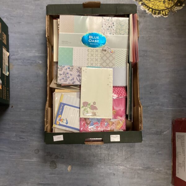 Mixed craft and stationery lot with patterned paper.