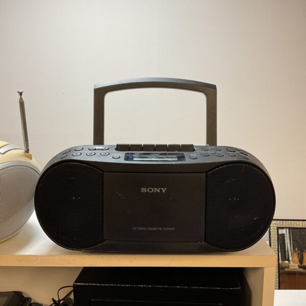 Black Sony CFD-S70 boombox with CD player and cassette deck.