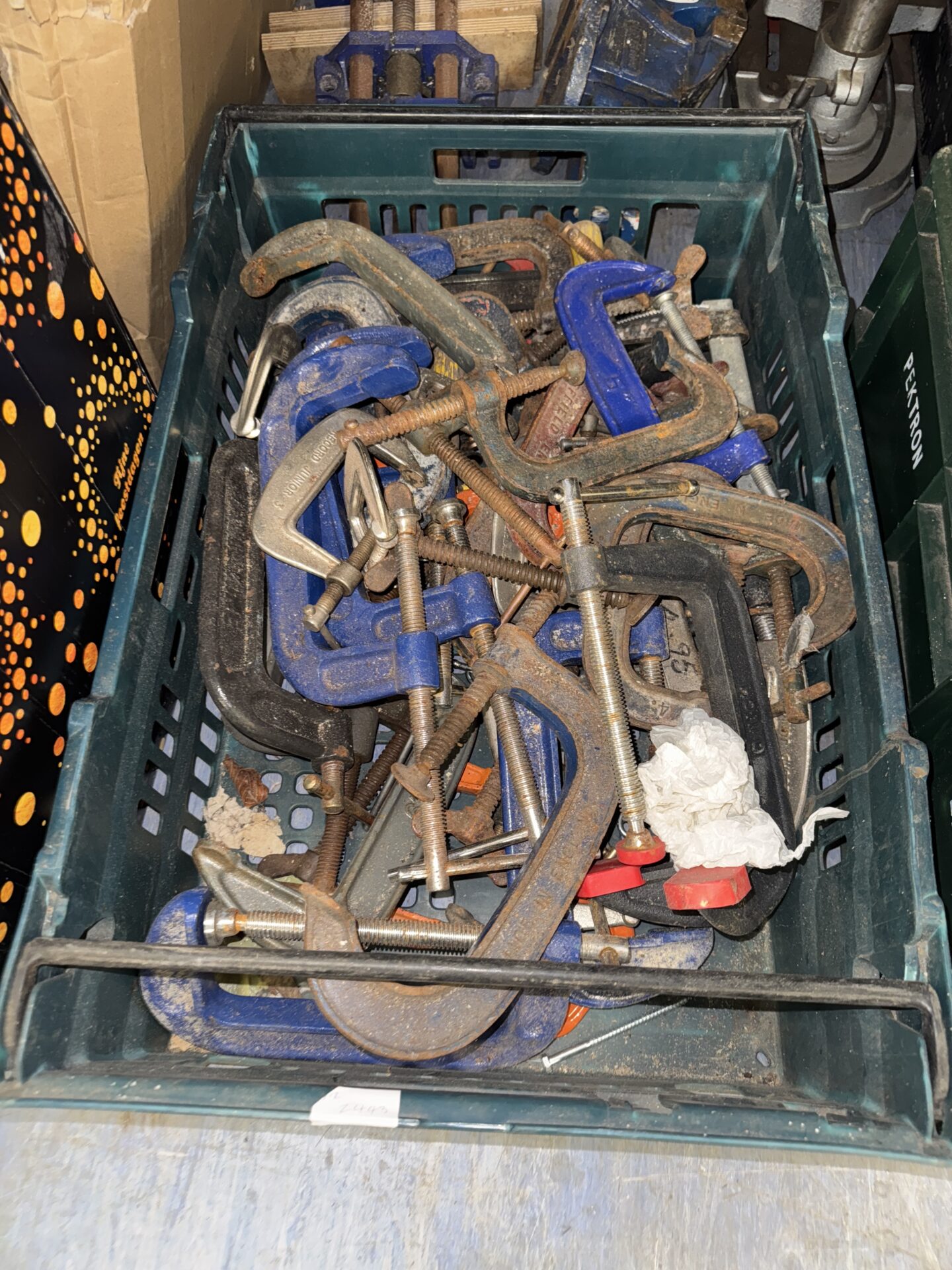 1141 Large tray of assorted g clamps inc record