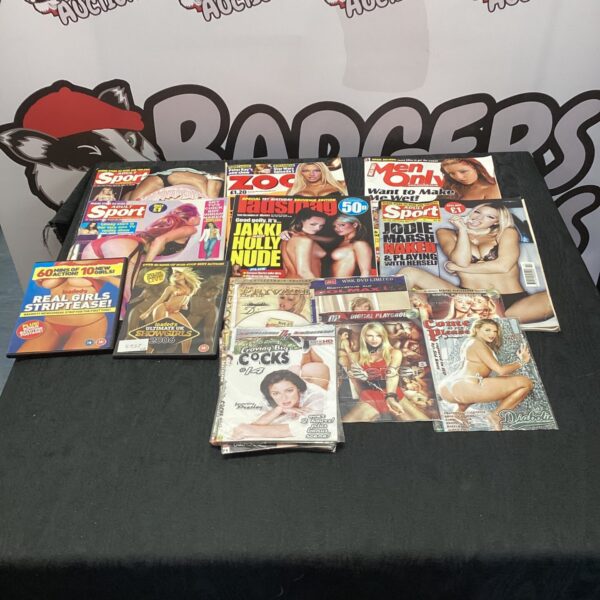 Lot of adult magazines and DVDs, including Playboy and Penthouse.