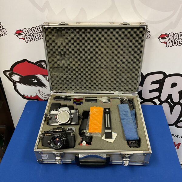 Vintage camera lot with Chinon ce-4s and Cosina cs-3 in aluminium case.