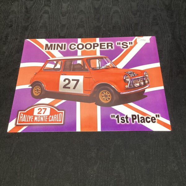 Vintage Mini Cooper Monte Carlo tin sign for garage or home decor.