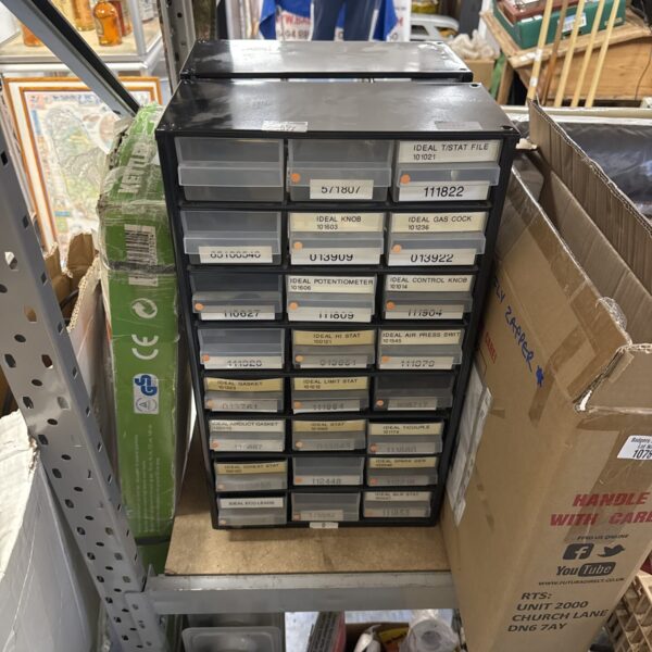 Vintage metal engineers drawers for workshop storage.