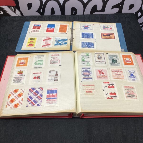 Vintage sugar sachet collection with colourful international designs.
