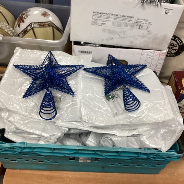 Box of metallic Christmas tree star decorations for festive holiday displays.
