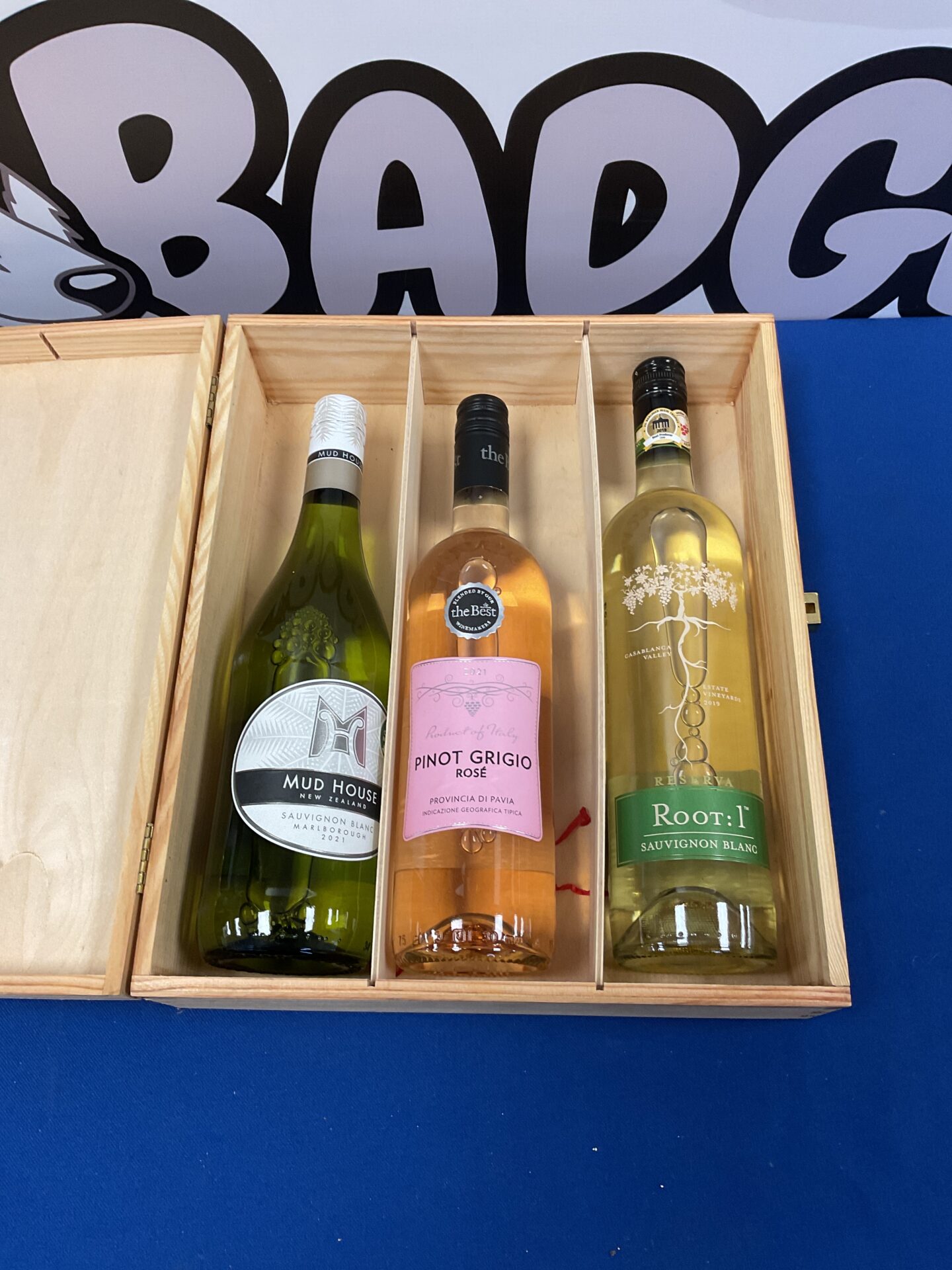712 Case of three bottles of wine including root 1 & mud house