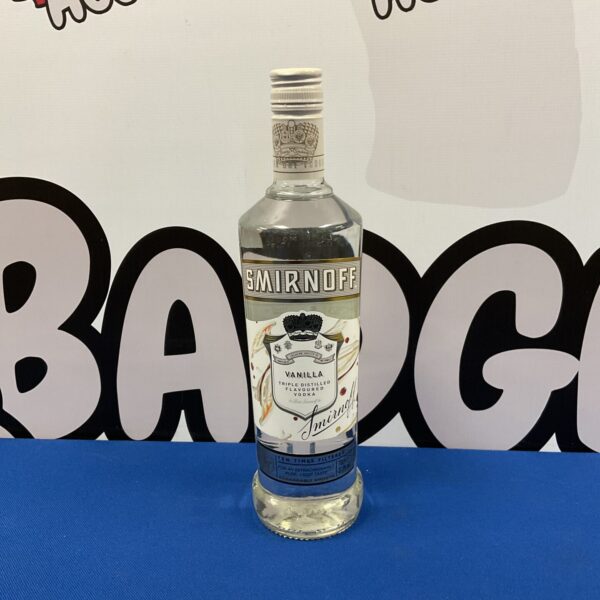 Smirnoff Vanilla Vodka bottle, clear glass, collectible liquor.