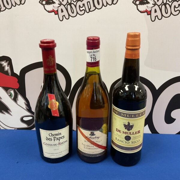 Wine lot featuring Chemin des Papes and De Muller bottles.