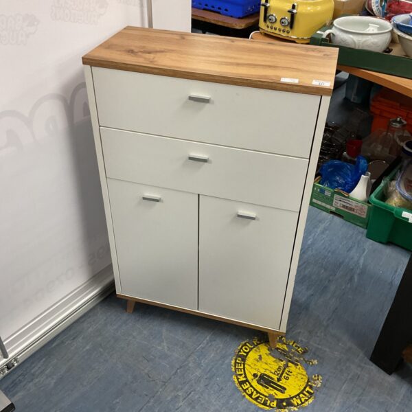 Wooden two-drawer storage cupboard for home organisation.