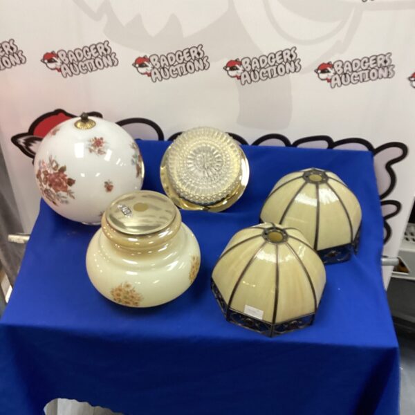 Vintage glass lamp shades in a collection, antique lighting.