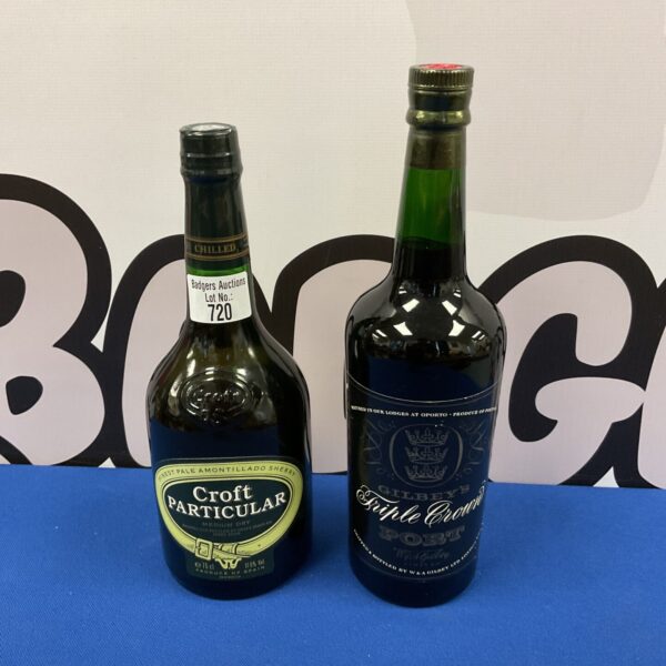 Vintage lot of Croft Particular Sherry and Gilbeys Triple Crown Port bottles.