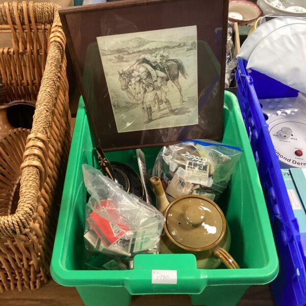 Mixed lot of vintage teapots and framed military rescue print.